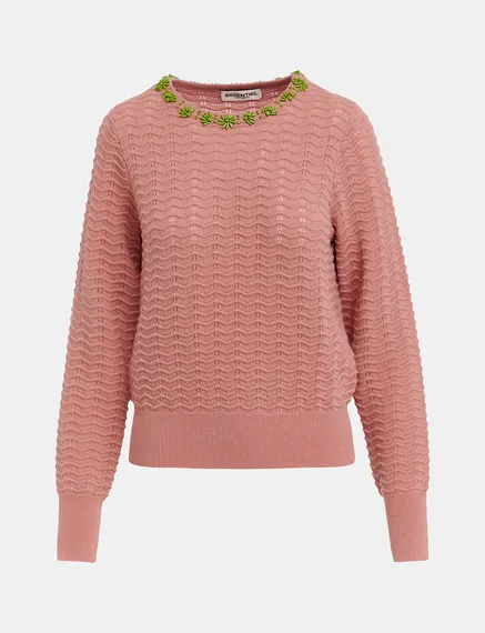 Vintage pink knit sweater with embellished neckline