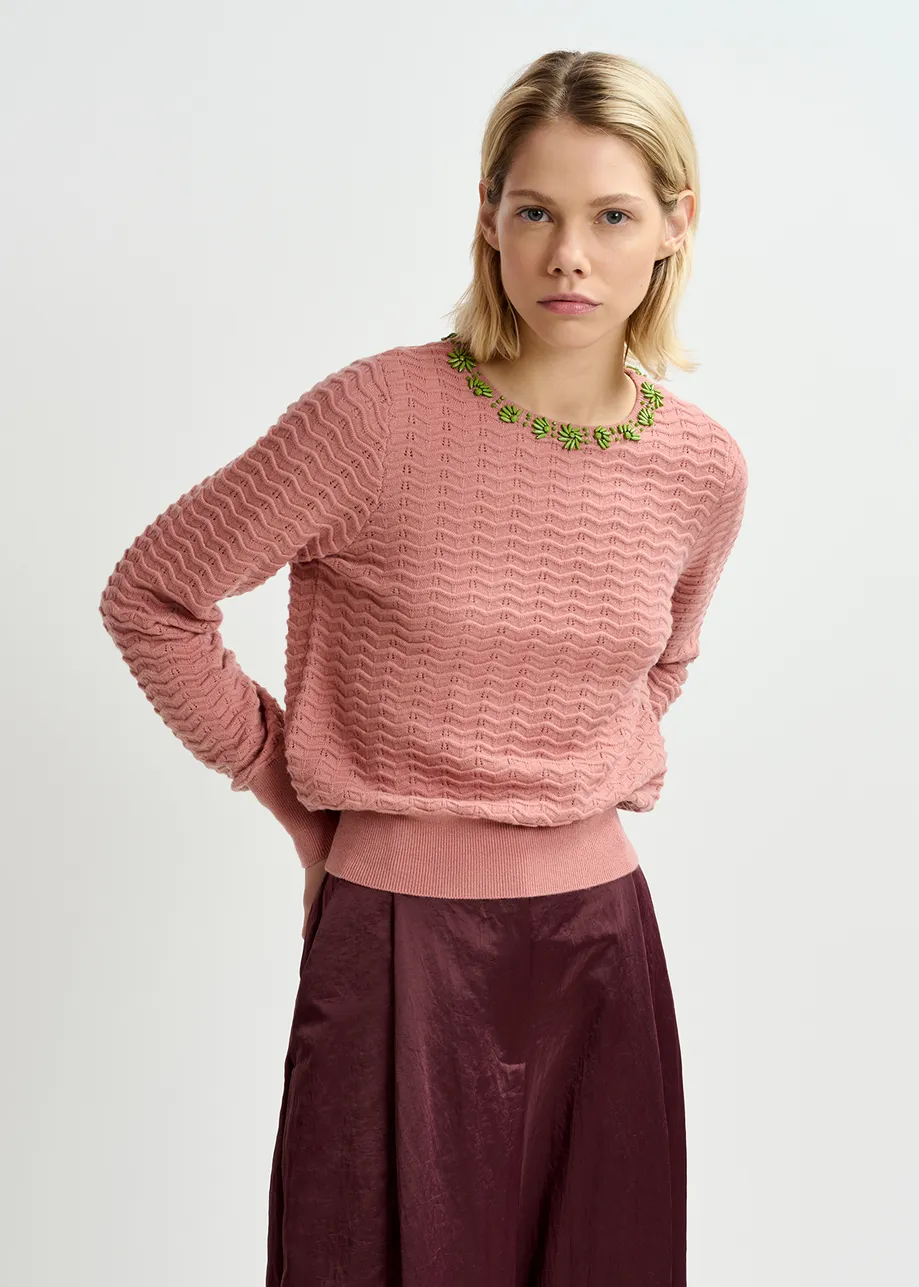 Vintage pink knit sweater with embellished neckline