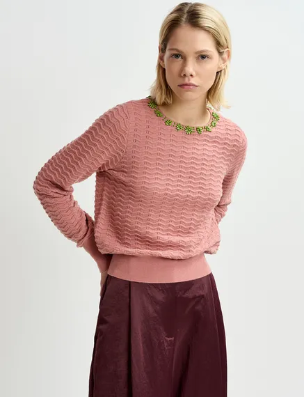 Vintage pink knit sweater with embellished neckline