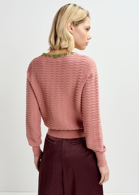 Vintage pink knit sweater with embellished neckline