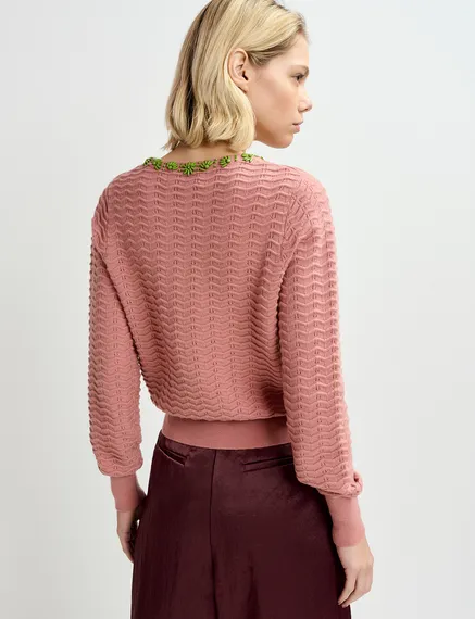 Vintage pink knit sweater with embellished neckline