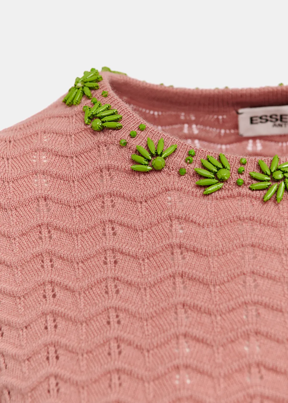 Vintage pink knit sweater with embellished neckline