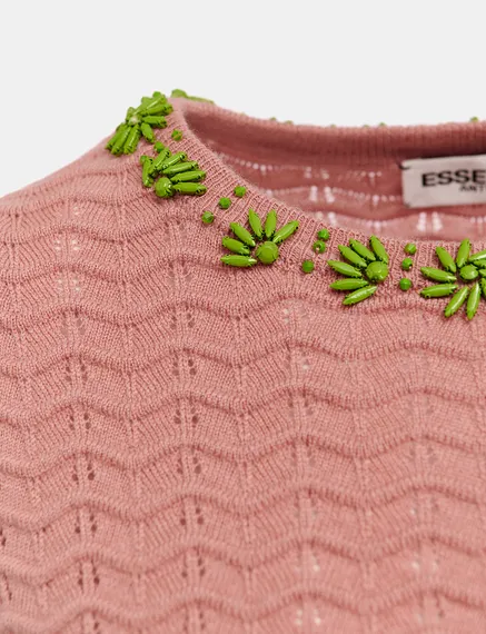 Vintage pink knit sweater with embellished neckline