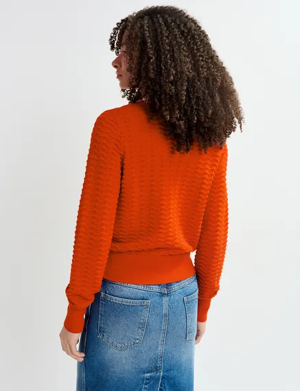 Roter Strickpullover mit verziertem Ausschnitt