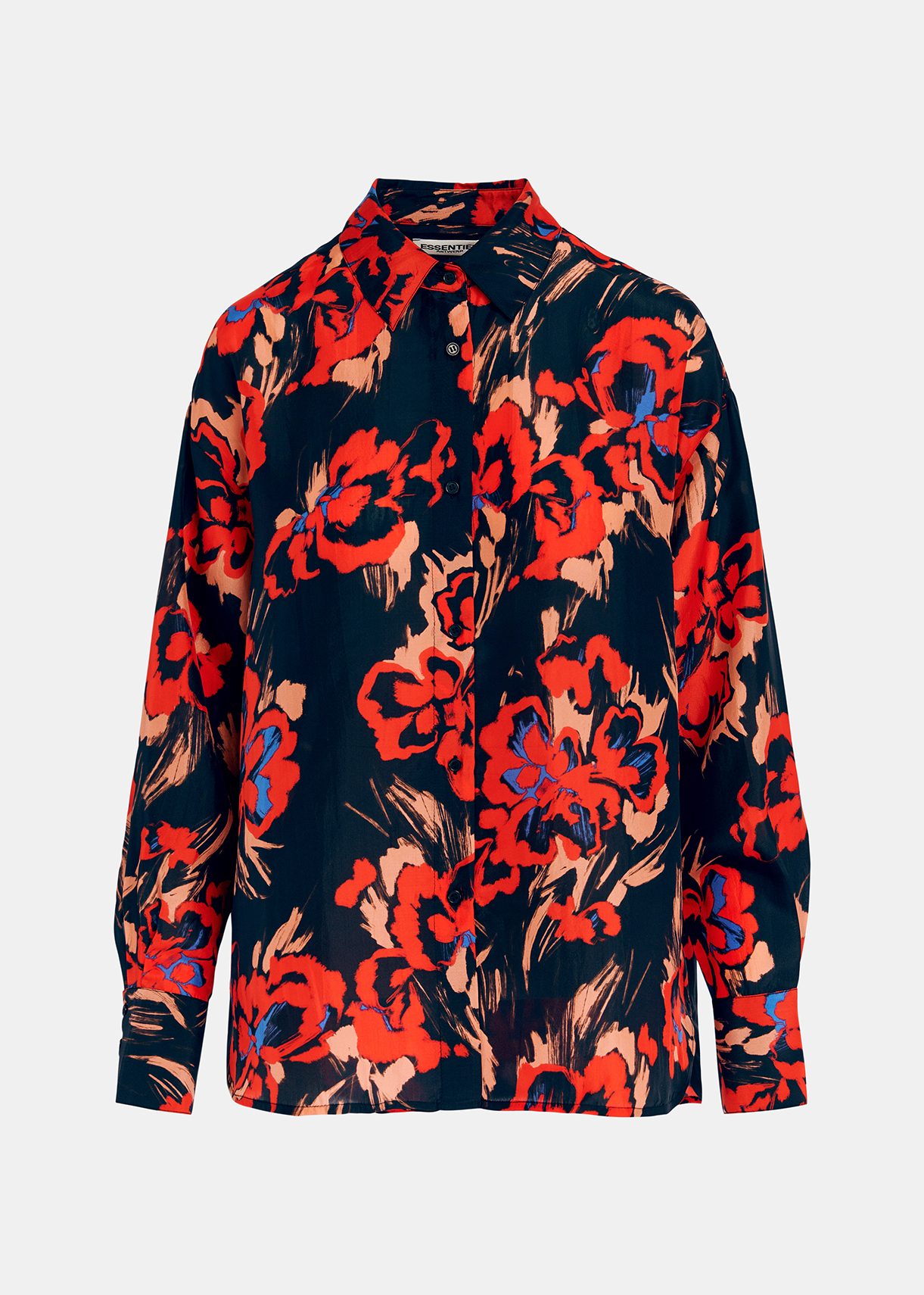 Black silk shirt with floral print | Essentiel Antwerp