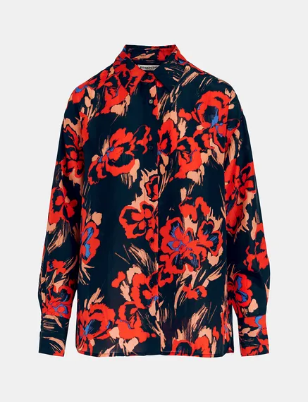 Camisa de seda con estampado floral, negro