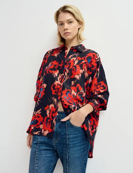 Camisa de seda con estampado floral, negro