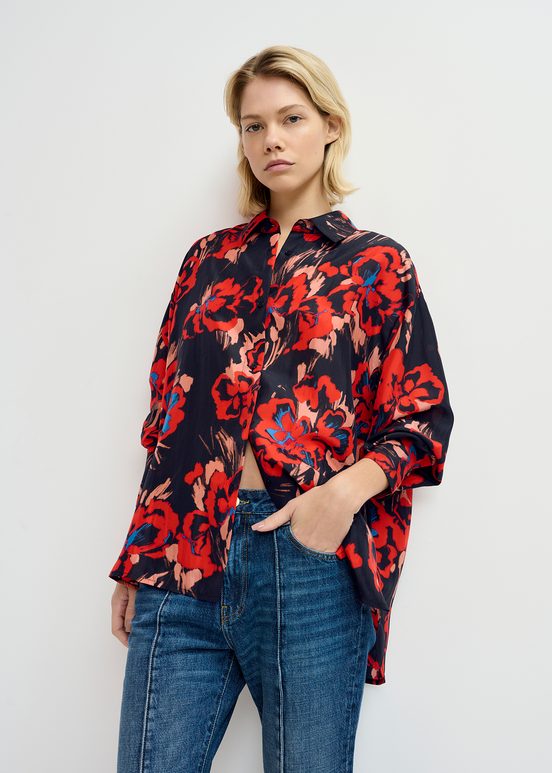 Camisa de seda con estampado floral, negro