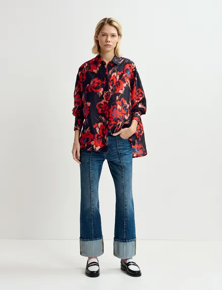 Black silk shirt with floral print