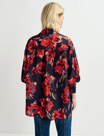 Chemise en soie noire à imprimé fleuri