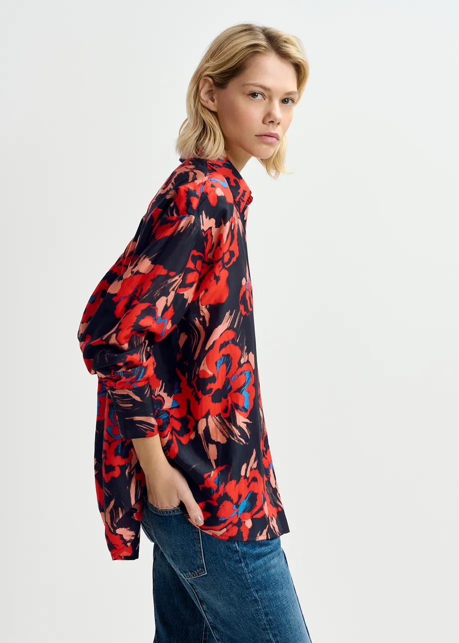 Black silk shirt with floral print