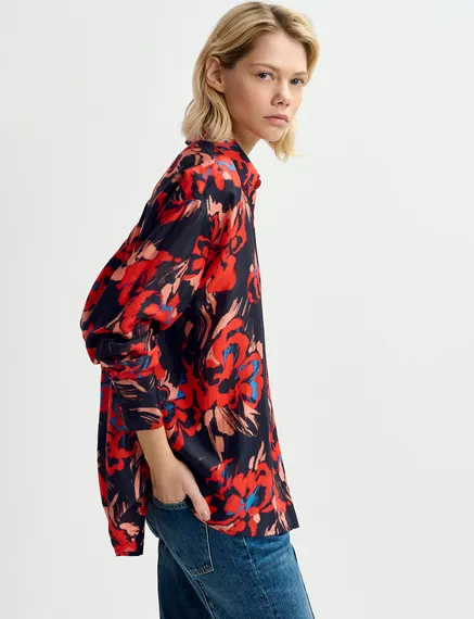 Black silk shirt with floral print