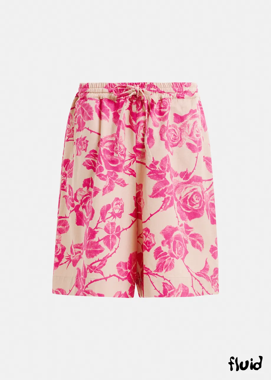 Pink cotton floral-printed denim shorts