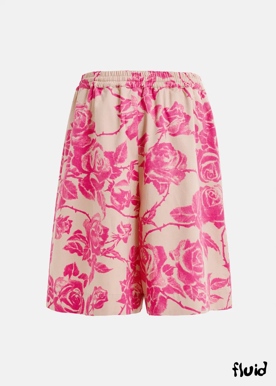 Pink cotton floral-printed denim shorts