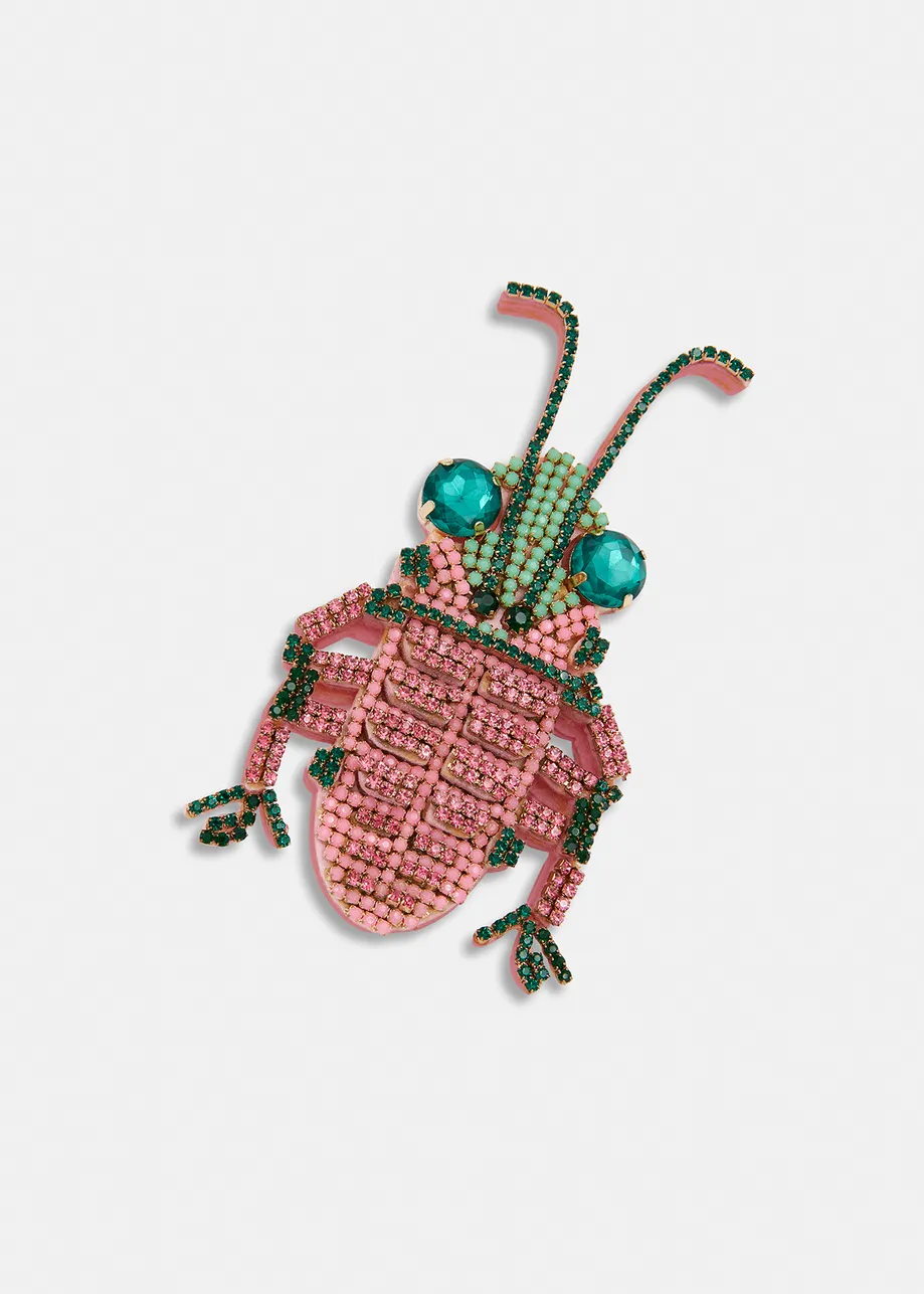 Dark pink, green and blue rhinestone bug brooch