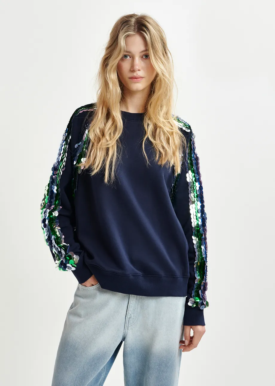 Dark blue organic cotton sweatshirt with sequin and bead embroideries