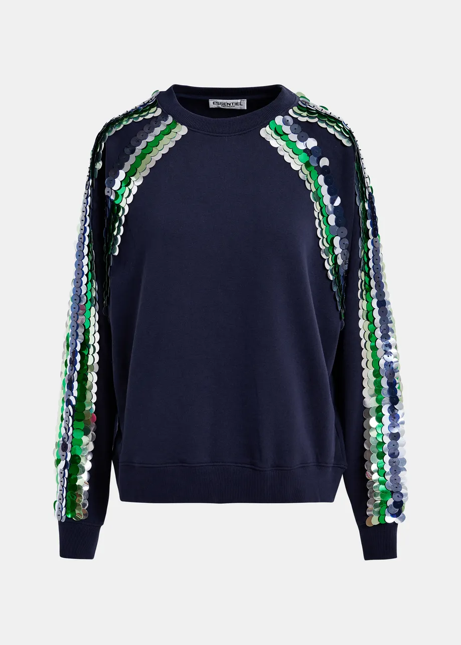 Dark blue organic cotton sweatshirt with sequin and bead embroideries