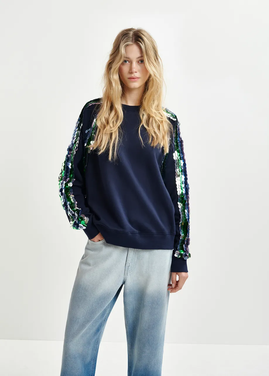 Dark blue organic cotton sweatshirt with sequin and bead embroideries