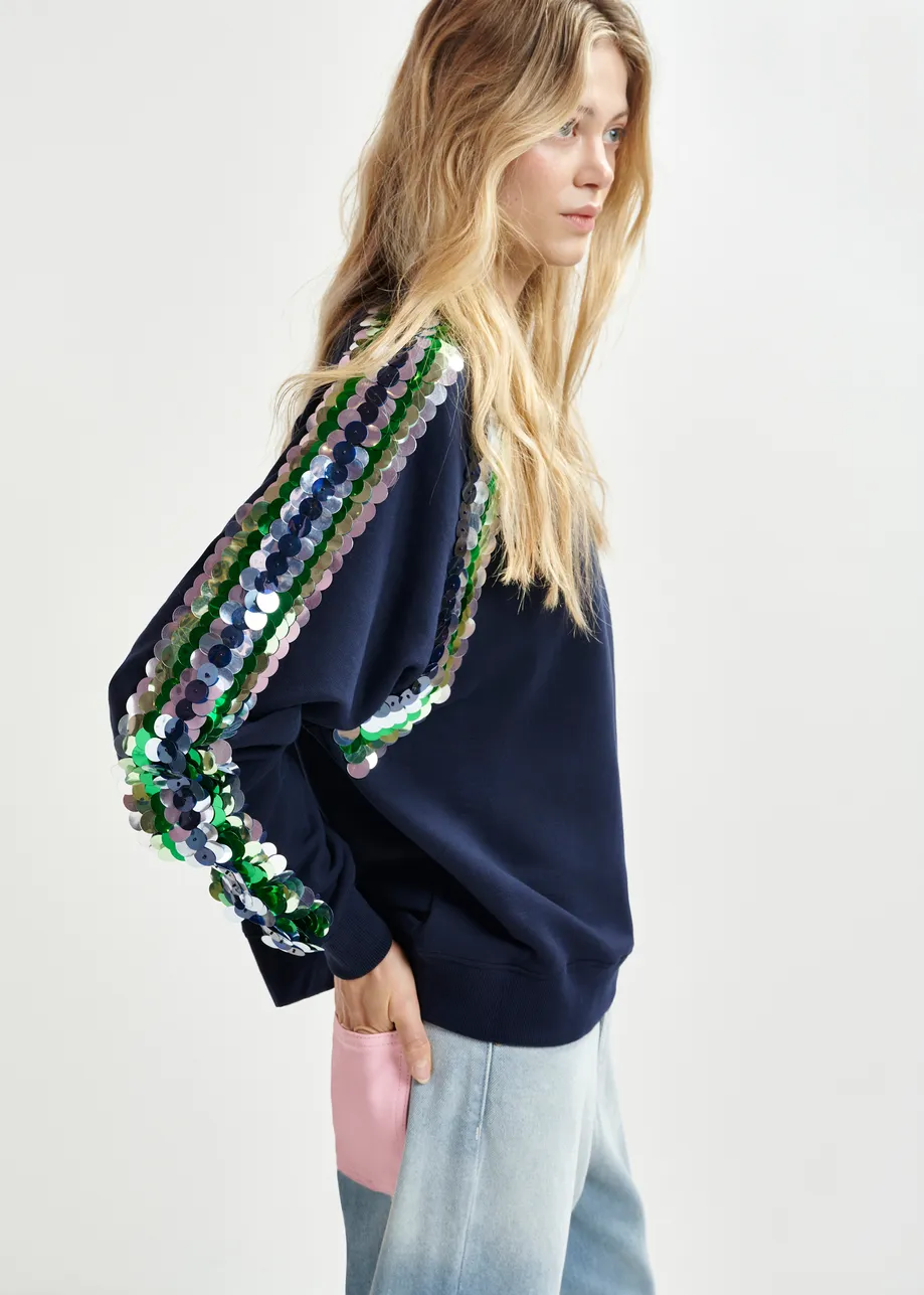 Dark blue organic cotton sweatshirt with sequin and bead embroideries