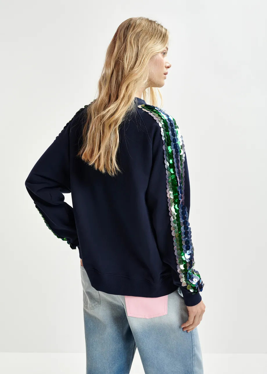 Dark blue organic cotton sweatshirt with sequin and bead embroideries