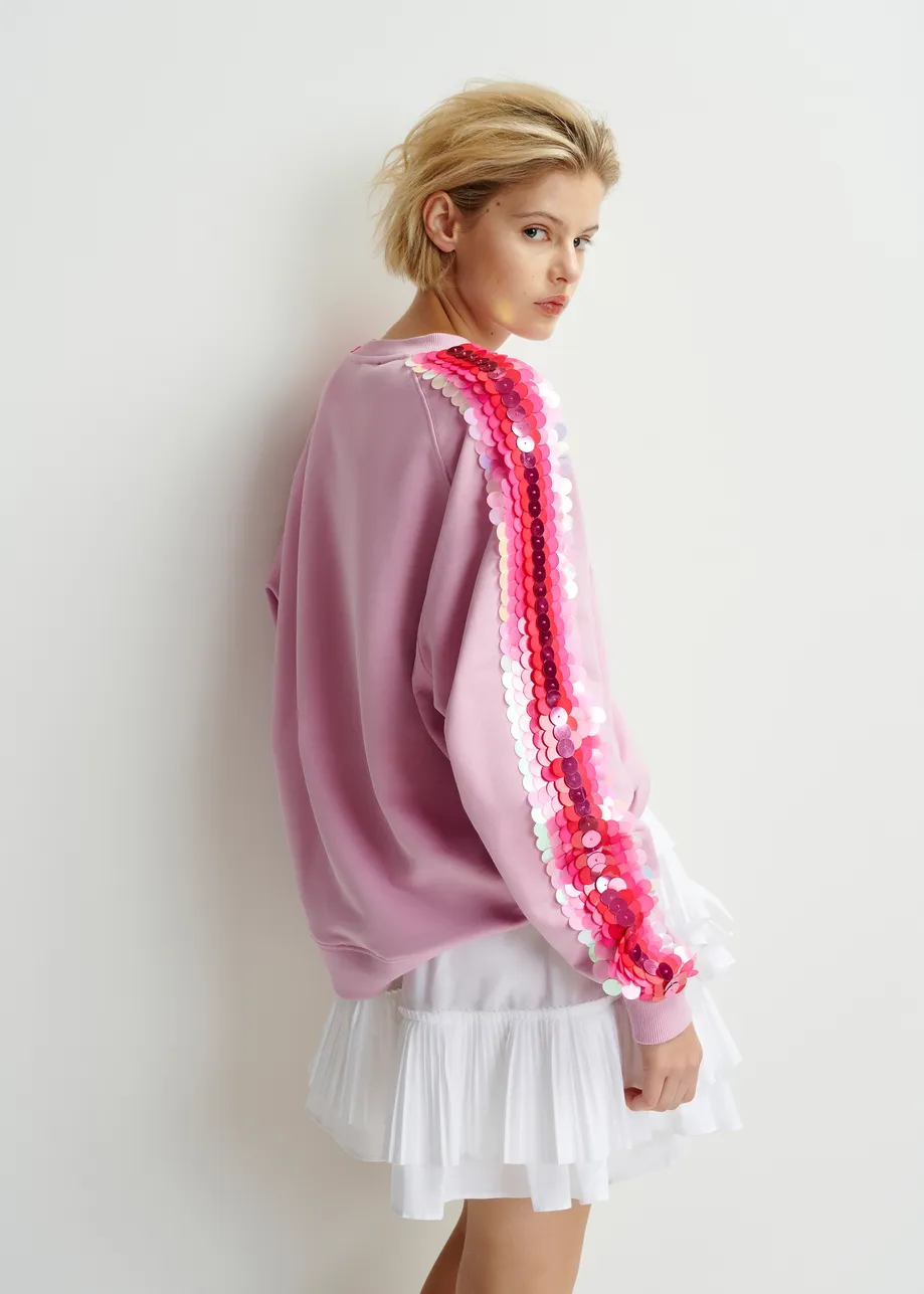 Mauve organic cotton sweatshirt with sequin and bead embroideries