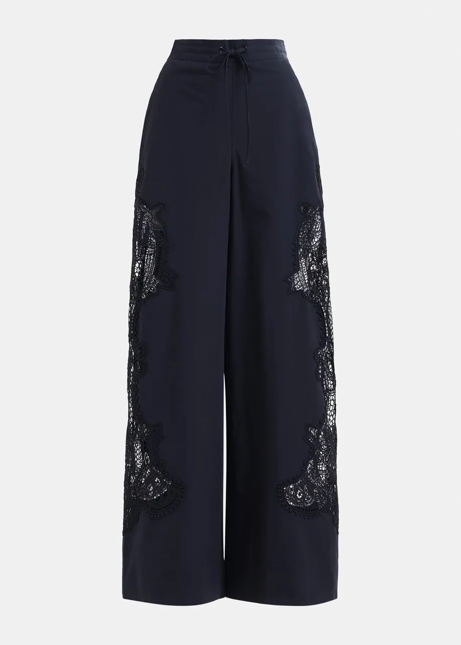 Dark blue wide-leg cotton pants with lace embroidery