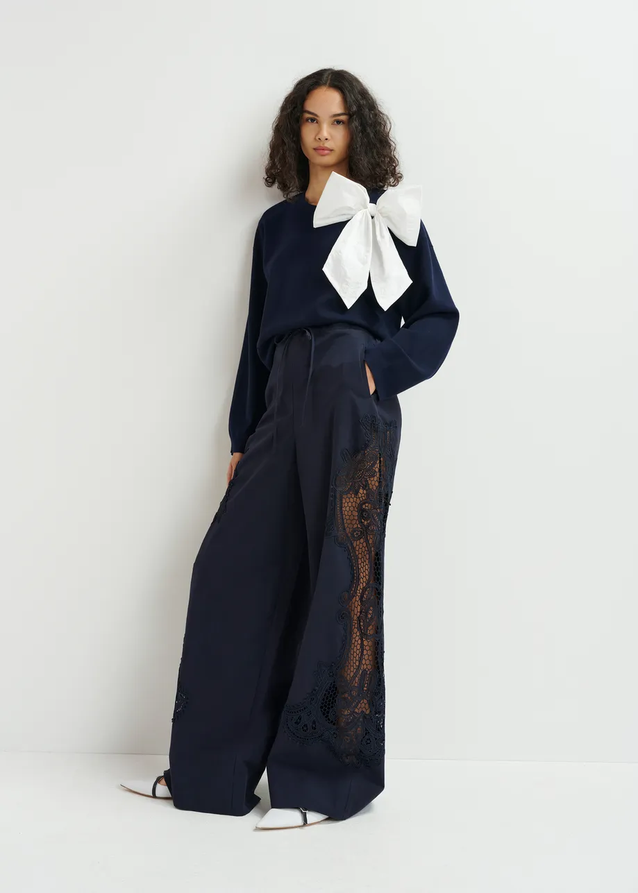 Dark blue wide-leg cotton pants with lace embroidery