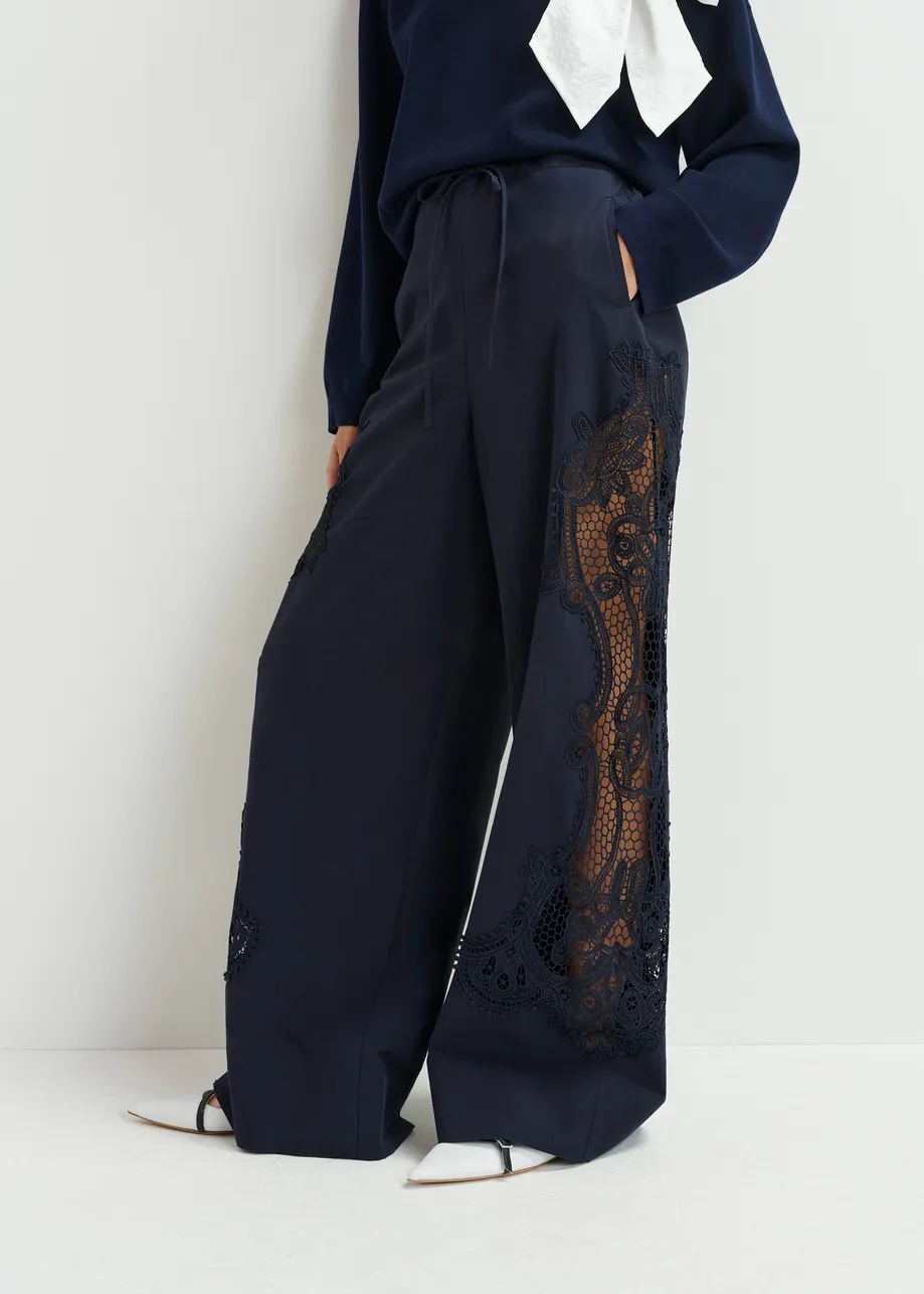 Dark blue wide-leg cotton pants with lace embroidery