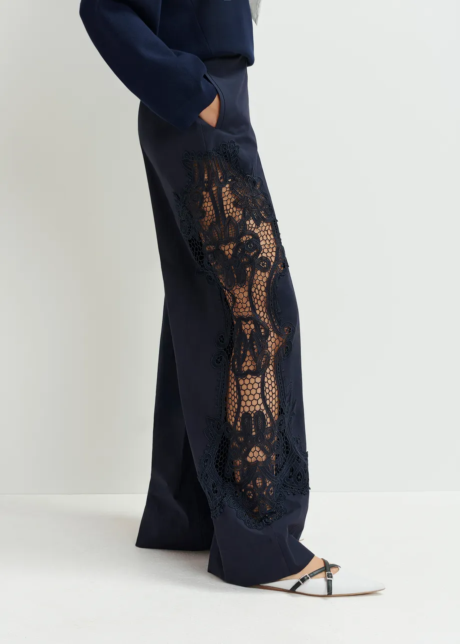 Dark blue wide-leg cotton pants with lace embroidery 