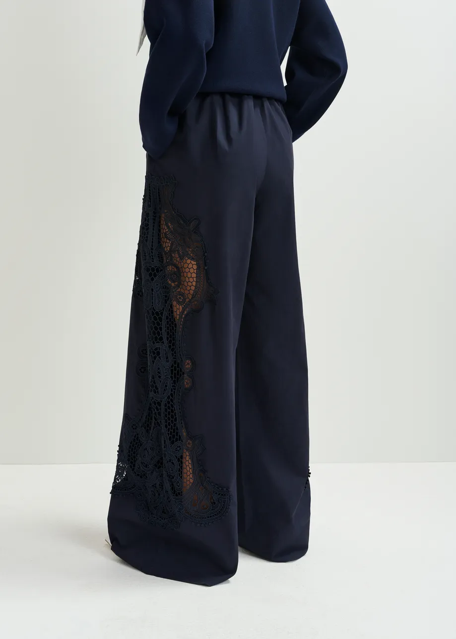 Dark blue wide-leg cotton pants with lace embroidery 