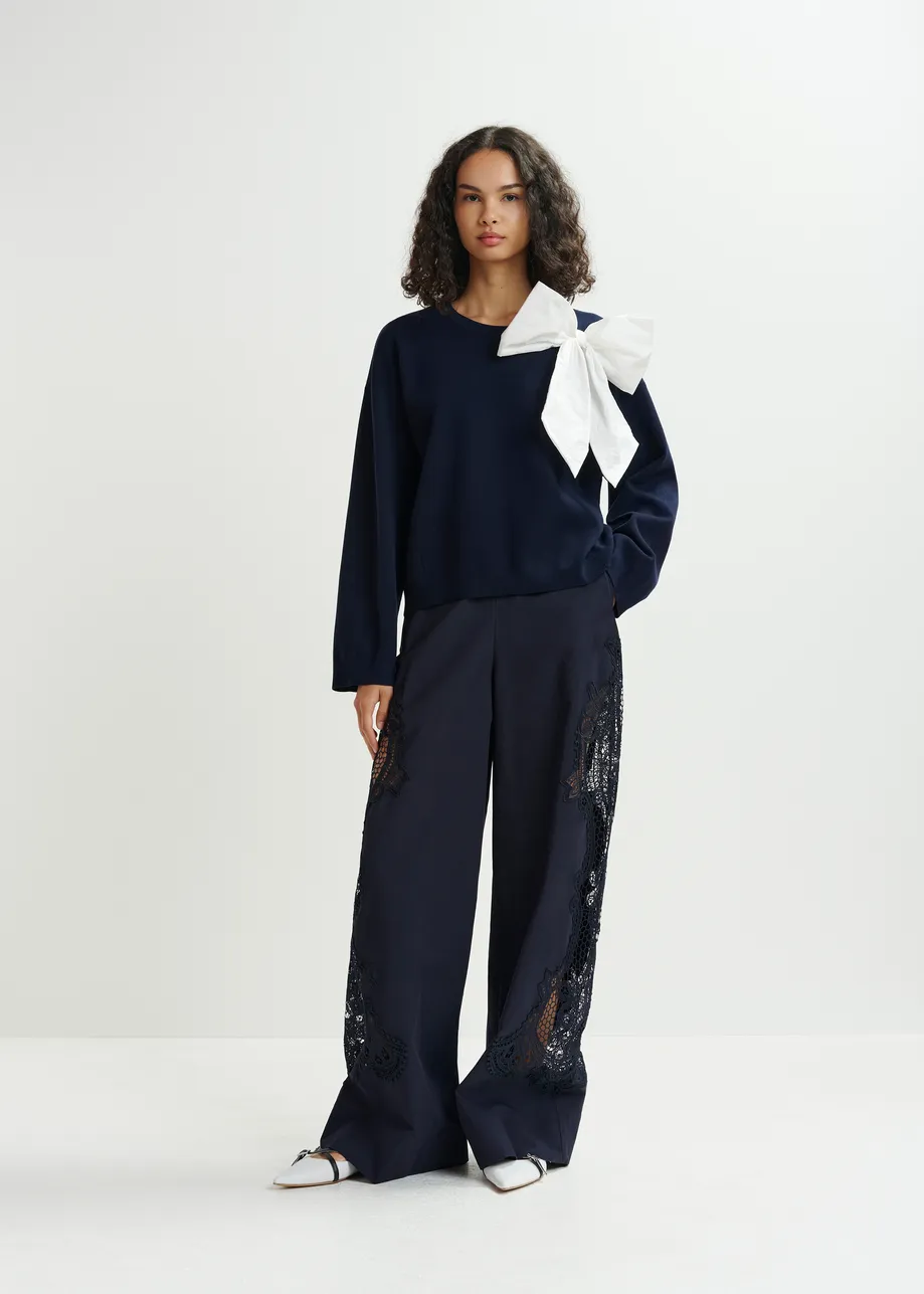 Dark blue wide-leg cotton pants with lace embroidery