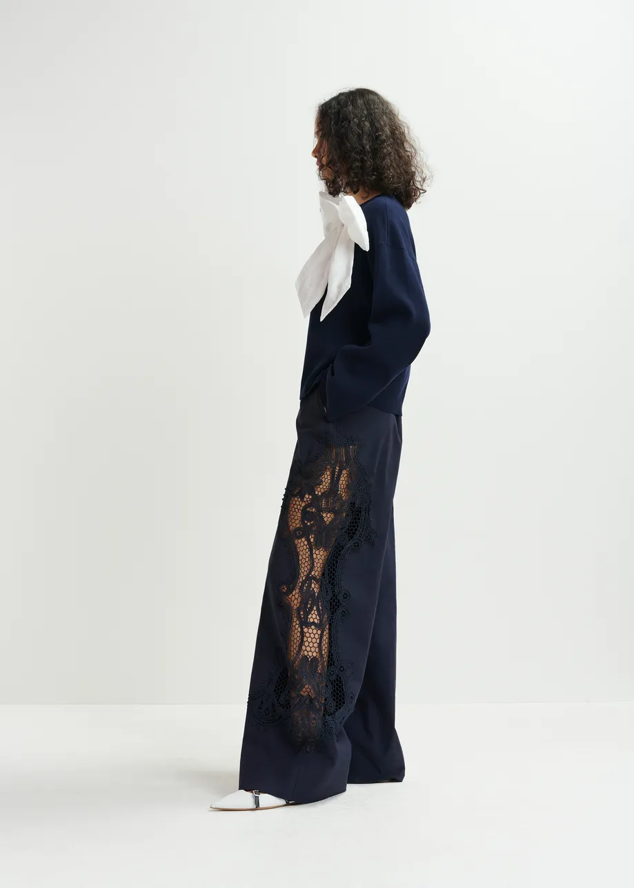 Dark blue wide-leg cotton pants with lace embroidery