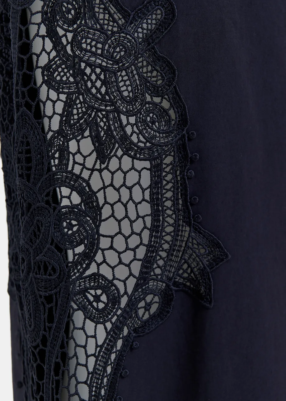 Dark blue wide-leg cotton pants with lace embroidery