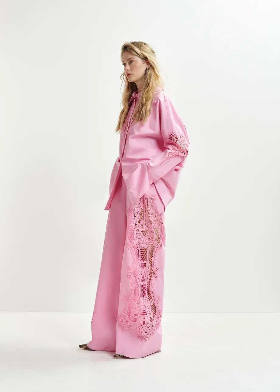 Pantalones anchos con bordado de encaje, rosa claro