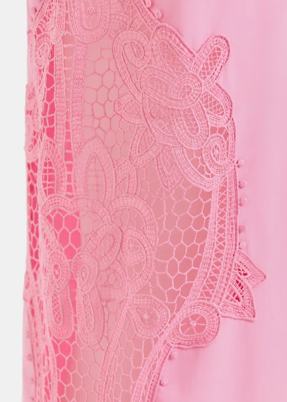 Pantalones anchos con bordado de encaje, rosa claro