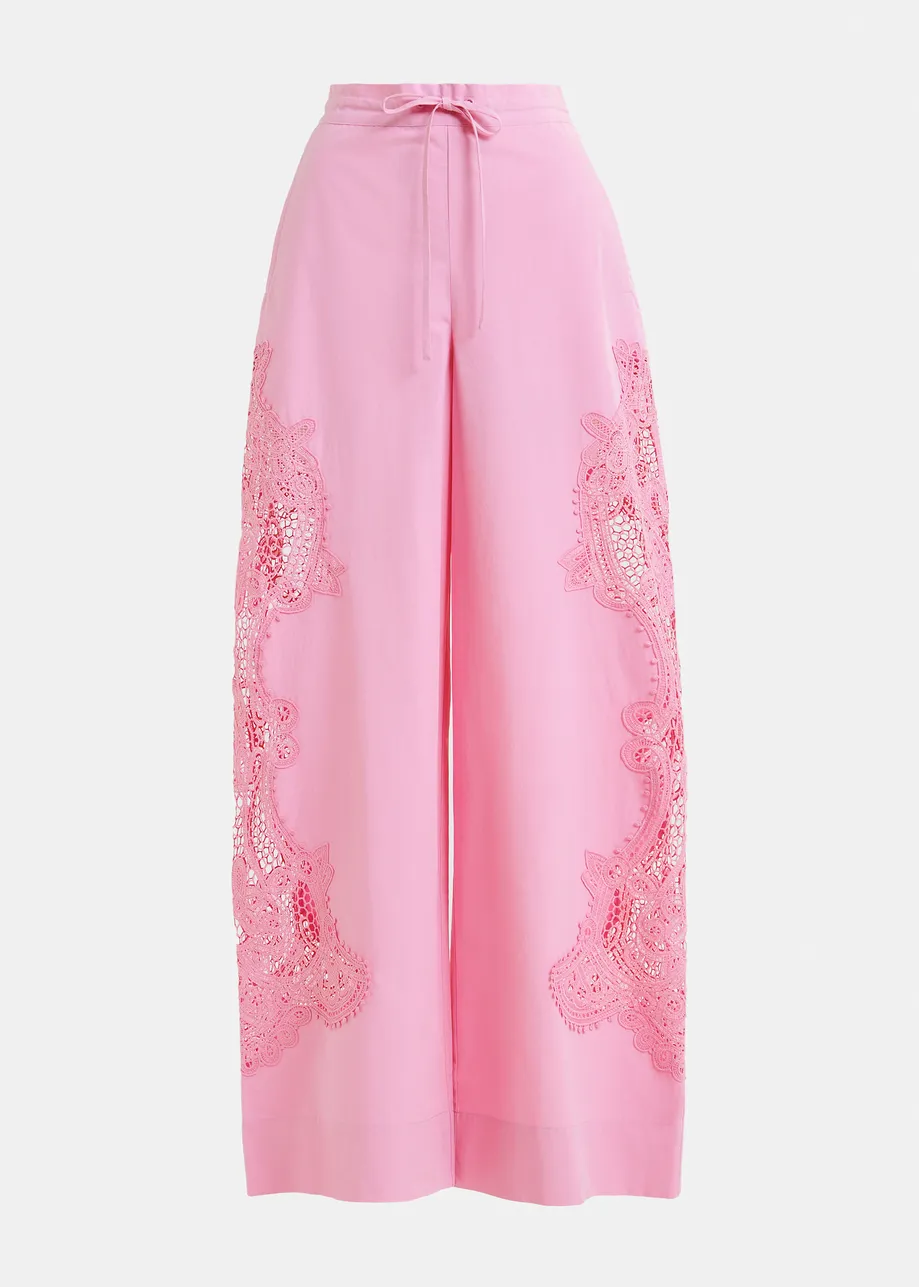 Light pink wide-leg cotton pants with lace embroidery