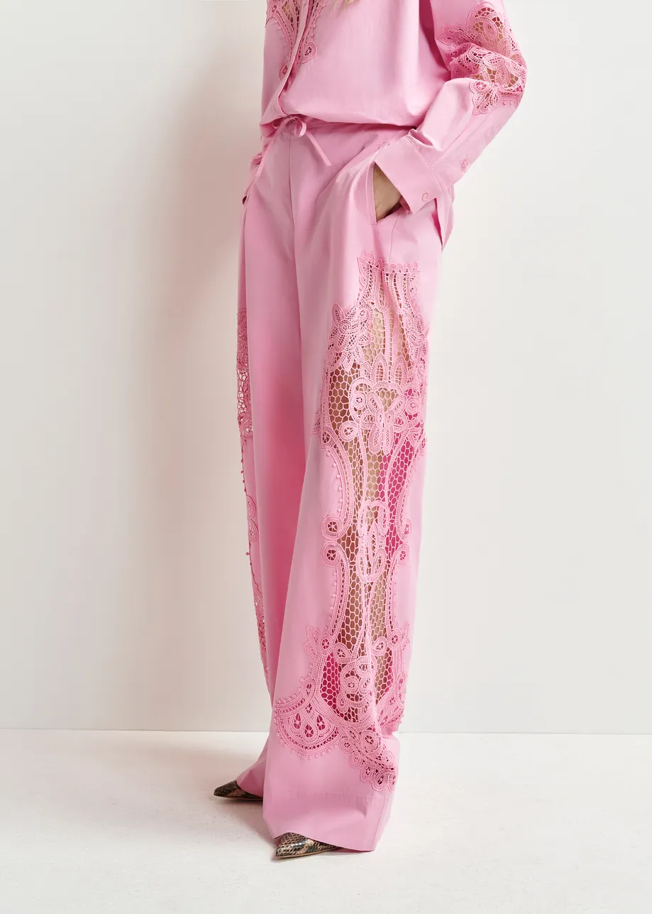 Light pink wide-leg cotton pants with lace embroidery