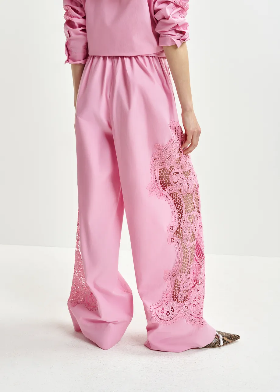 Light pink wide-leg cotton pants with lace embroidery 