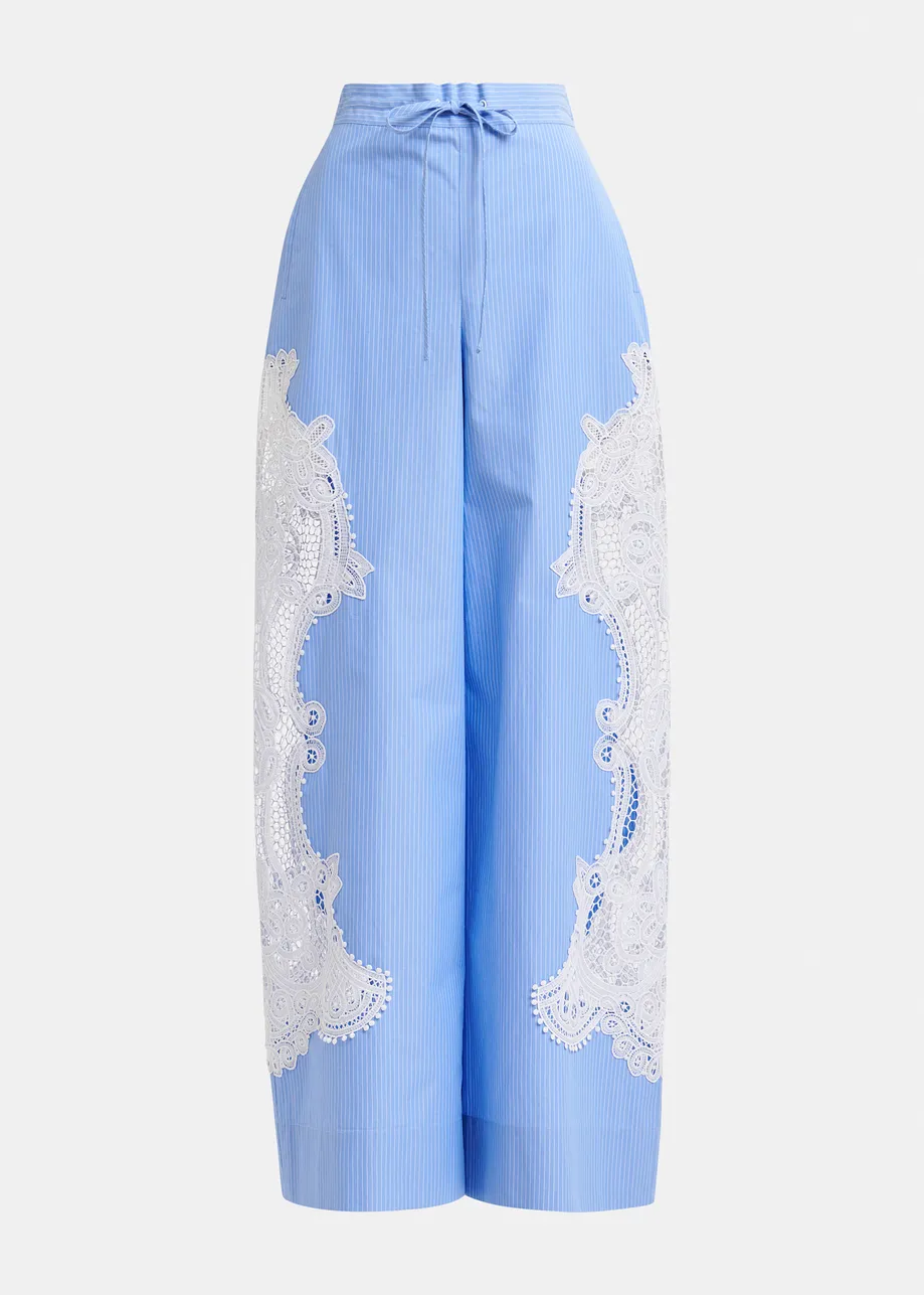 Blue and white wide-leg cotton pants with lace embroidery