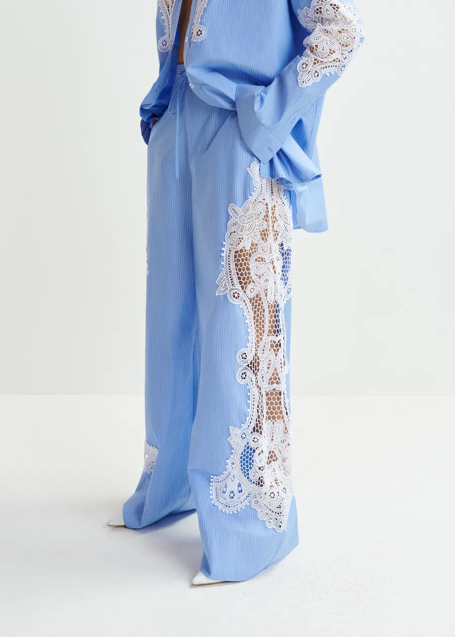 Blue and white wide-leg cotton pants with lace embroidery 