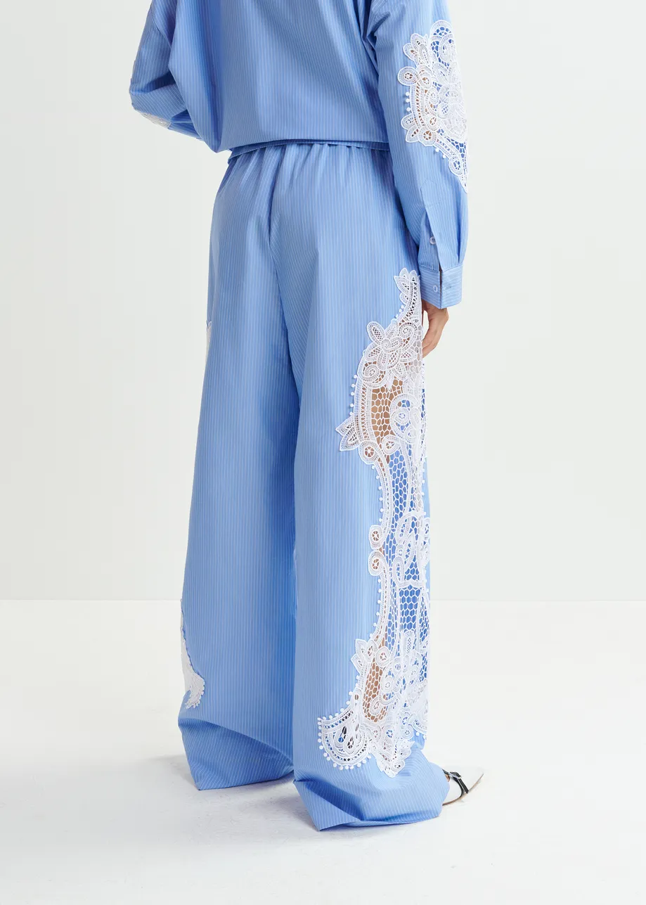 Blue and white wide-leg cotton pants with lace embroidery