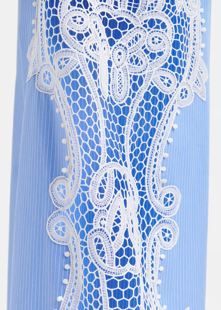 Blue and white wide-leg cotton pants with lace embroidery 