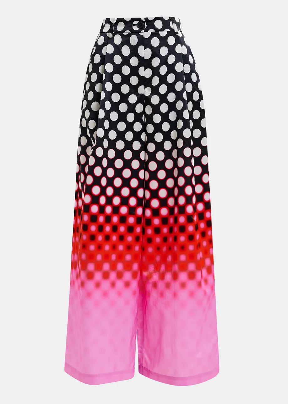 Black, red and pink printed wide-leg satin pants