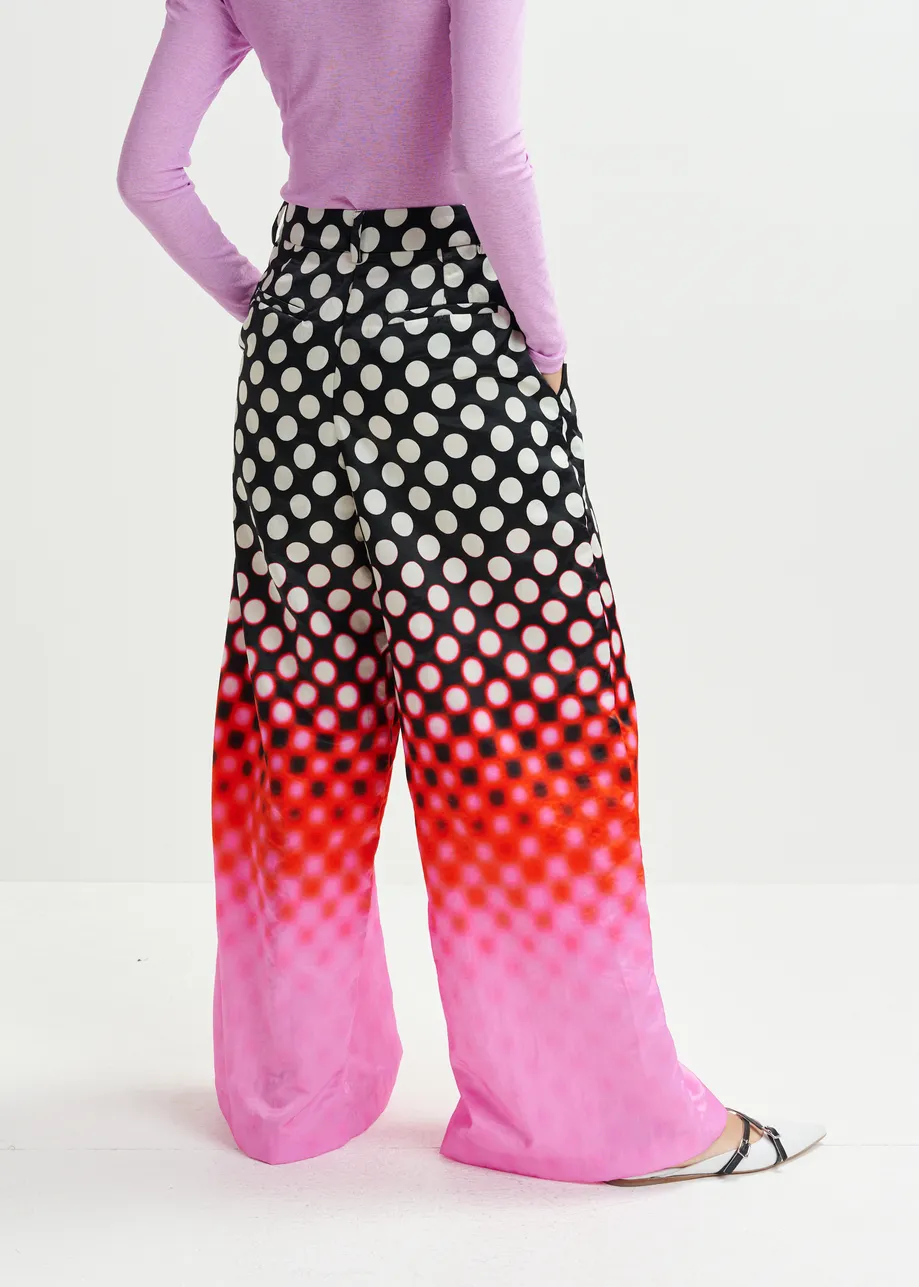 Black, red and pink printed wide-leg satin pants