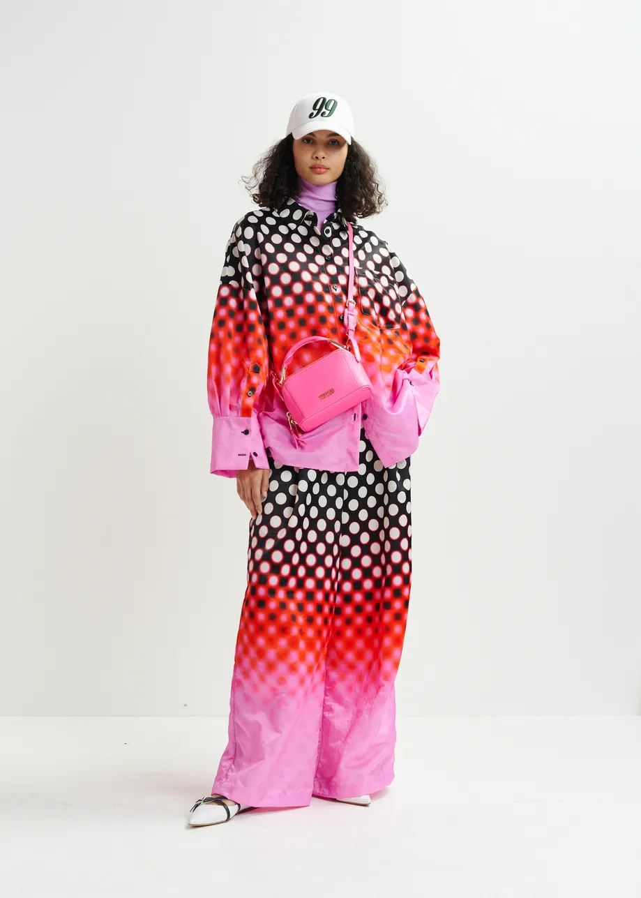 Black, red and pink printed wide-leg satin pants