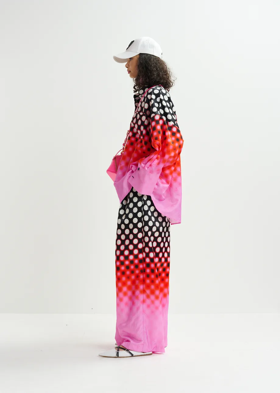 Black, red and pink printed wide-leg satin pants