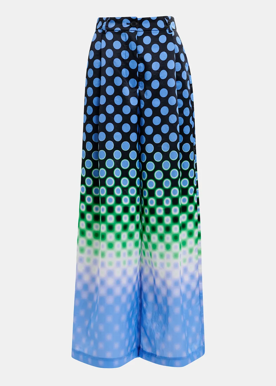 Black, blue and green wide-leg satin pants