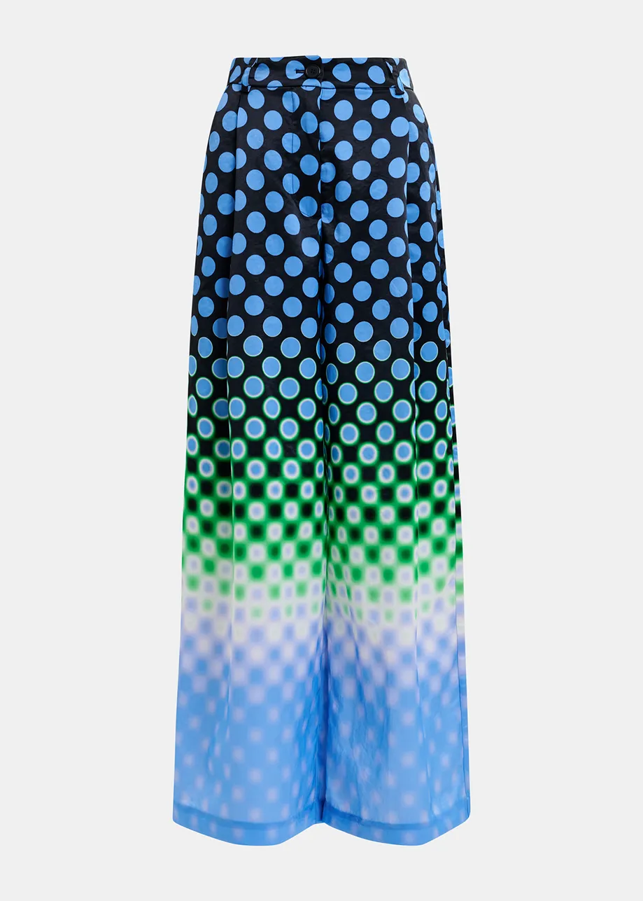 Zwarte, blauwe en groene wijde satijnen broek met print