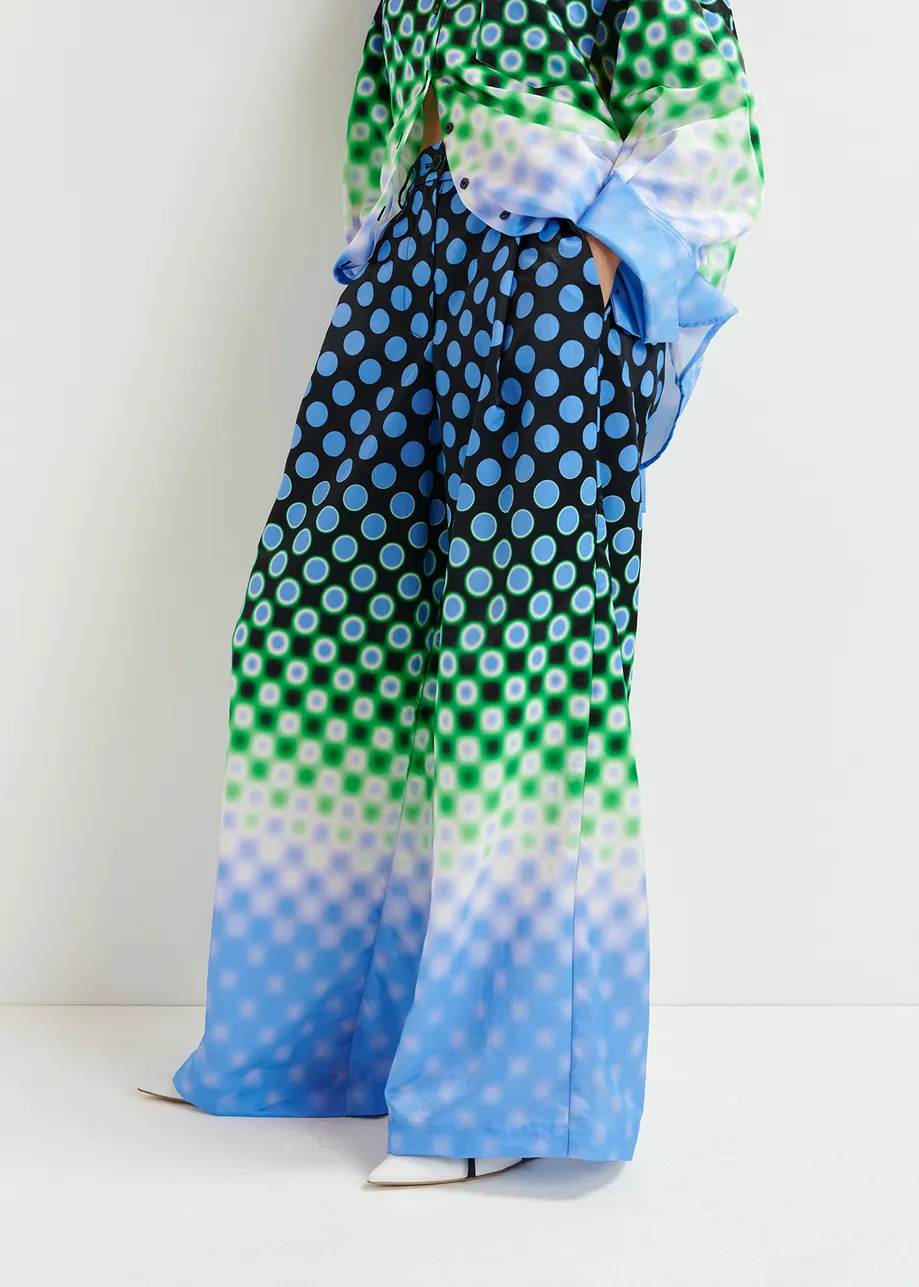 Zwarte, blauwe en groene wijde satijnen broek met print