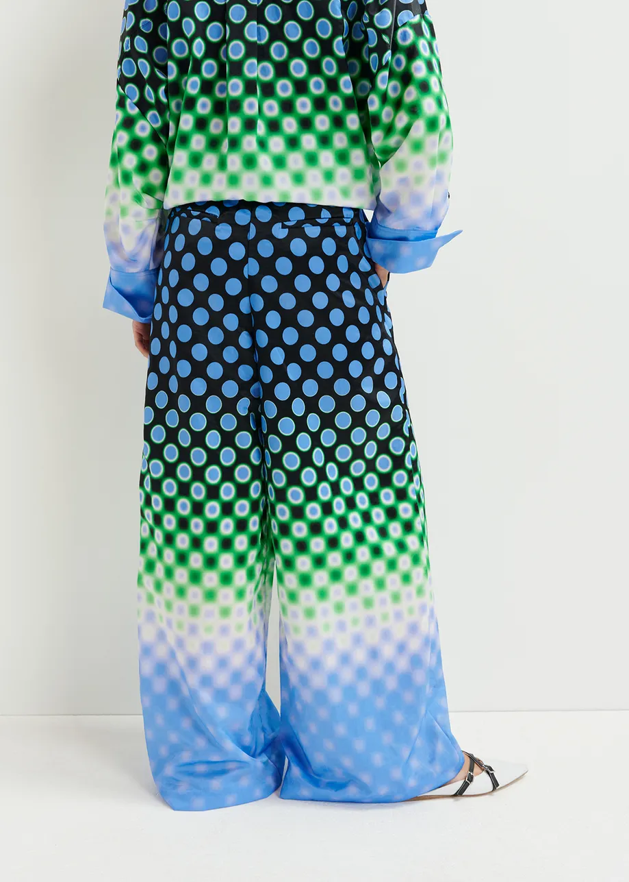 Zwarte, blauwe en groene wijde satijnen broek met print